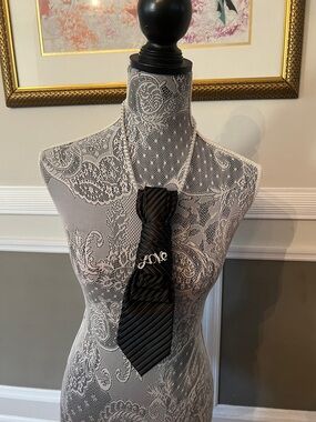 Black Striped Necktie Necklace with Silver  LOVE PIN